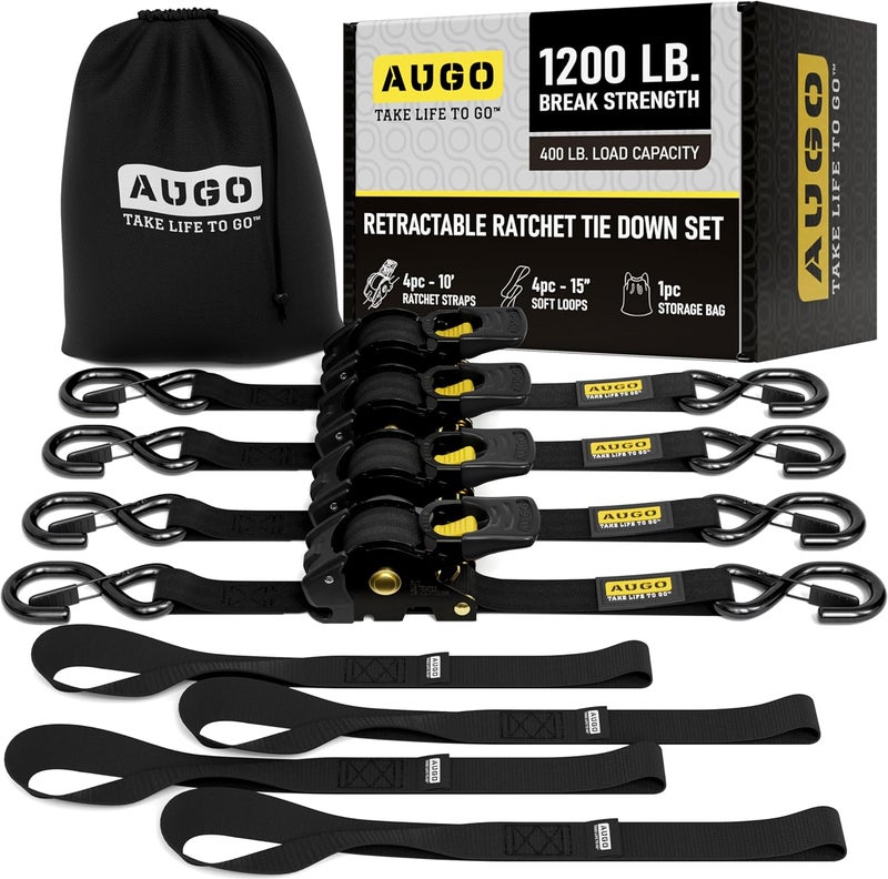 AUGO Retractable Ratchet Straps | 4 Heavy Duty Ratchet Straps Self Retractable Tie Down Straps with Soft Loops & Storage Bag for Motorcycle, Truck, Trailer, Cargo Van | 1200 Lb Break Strength 1” x 10’ - Image 1